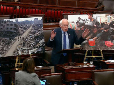 Sen. Bernie Sanders delivers a speech on the floor of the U.S. Senate on March 6, 2023.