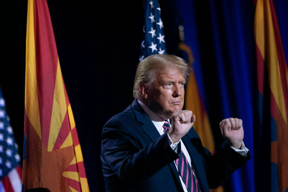 President Donald Trump dances after speaking at a roundtable rally with Latino supporters at the Arizona Grand Resort and Spa in Phoenix, Arizona, on September 14, 2020.