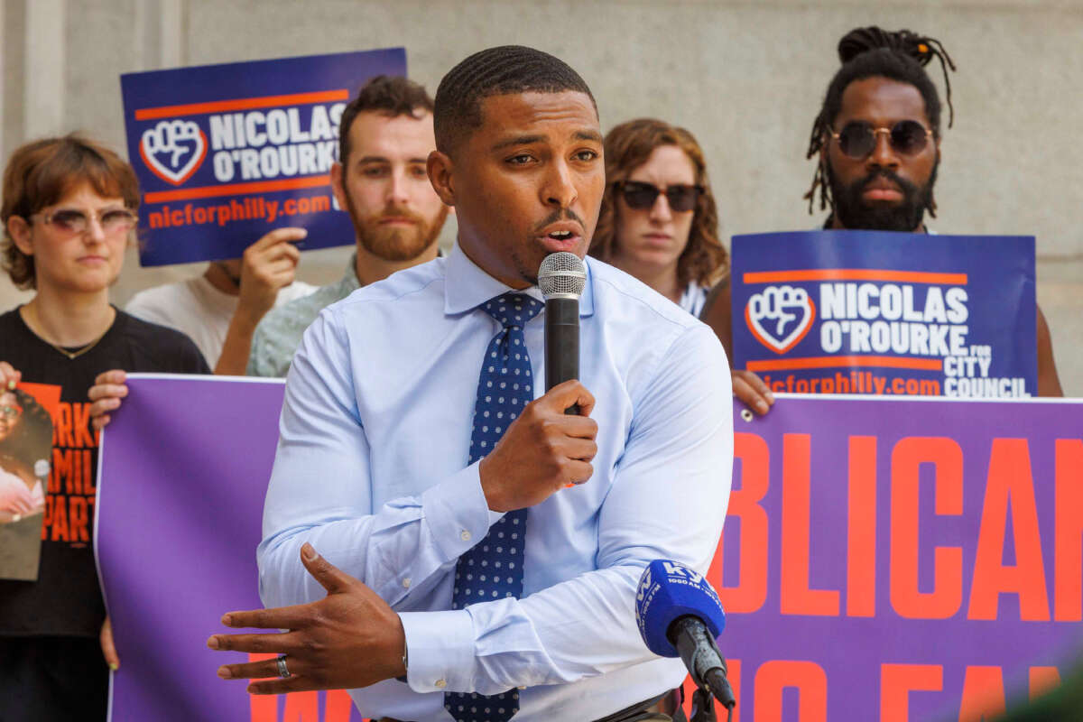 Nicolas O'Rourke speaks at a campaign event.