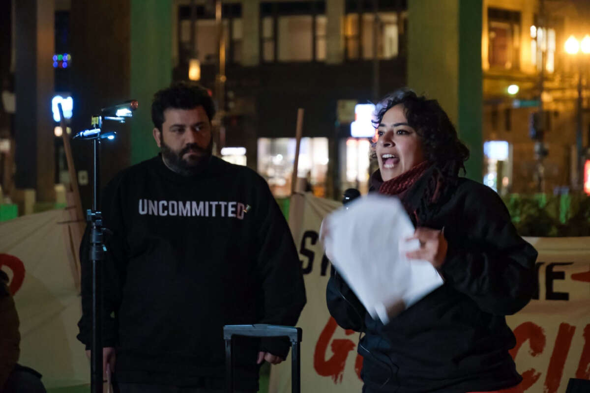Ari Bloomekatz and Eman Abdelhadi offer their alternative "State of the Genocide" address on March 7 in Chicago at a 24-hour vigil and protest that occurred during President Biden's State of the Union address.
