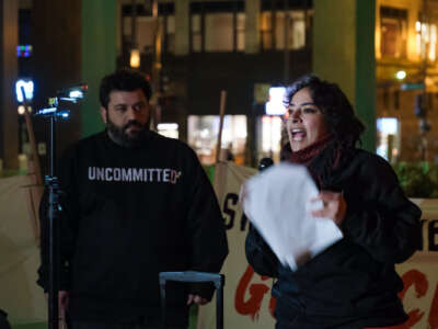 Ari Bloomekatz and Eman Abdelhadi offer their alternative "State of the Genocide" address on March 7 in Chicago at a 24-hour vigil and protest that occurred during President Biden's State of the Union address.