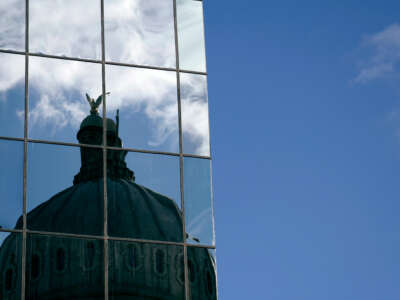 The Idaho State Capitol's dome is seen reflected in Boise, Idaho.