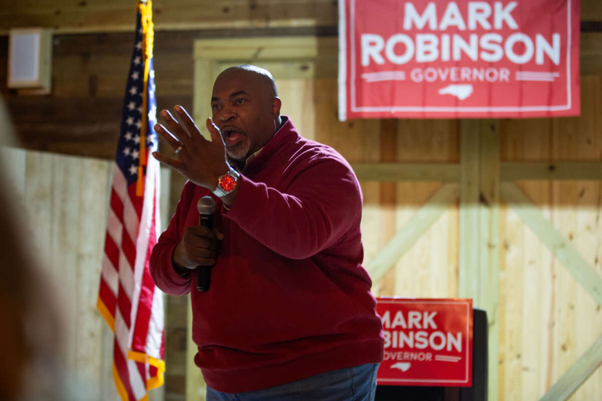 Mark Robinson addresses supporters during a campaign event in Faison, North Carolina, on February 17, 2024.