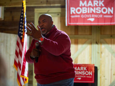 Mark Robinson addresses supporters during a campaign event in Faison, North Carolina, on February 17, 2024.