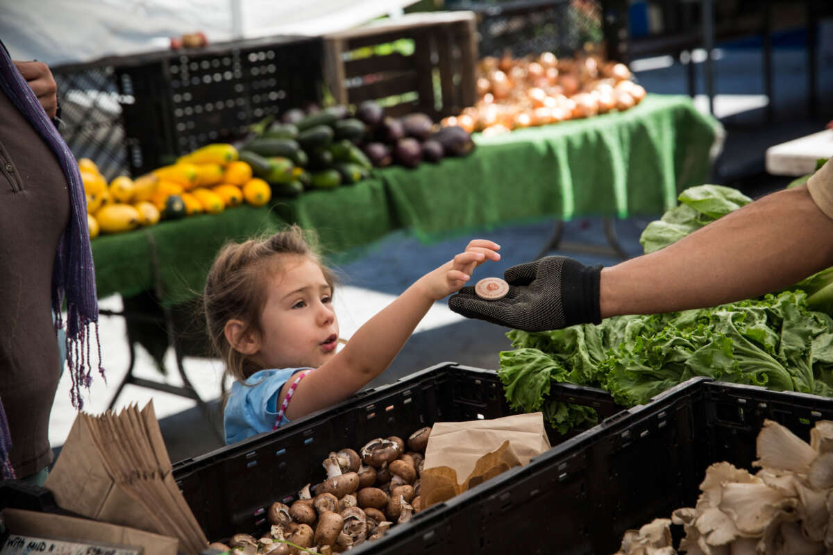 A girl pays for her mother's groceries using Electronic Benefits Transfer (EBT) tokens at the GrowNYC Greenmarket in Union Square on September 18, 2013, in New York City.