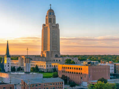 The Nebraska State Capitol at sunrise.