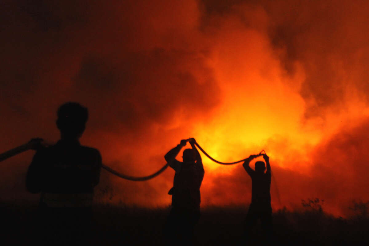 Police officers try to extinguish a wildfire in Ogan Ilir, South Sumatra, Indonesia, on September 12, 2023.