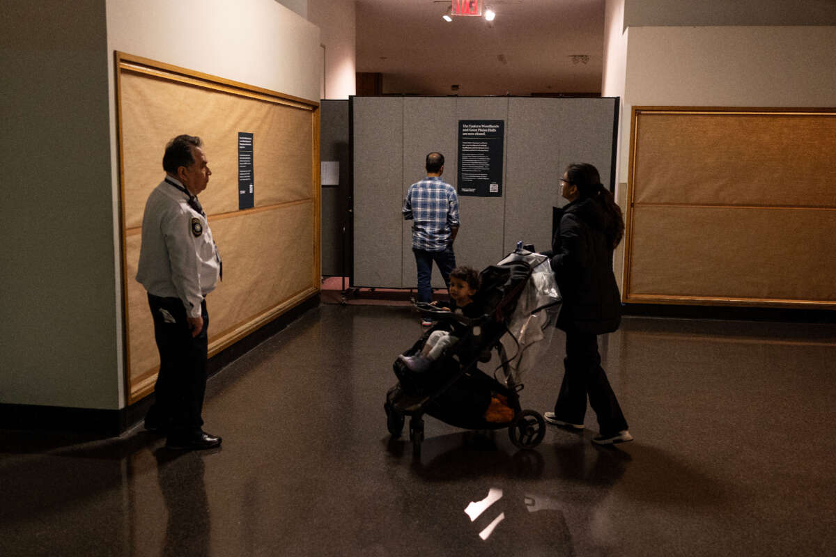 Museum guards redirect visitors on the first day of the closure of the American Museum of Natural History Eastern Woodlands and Great Plains indigenous exhibition halls