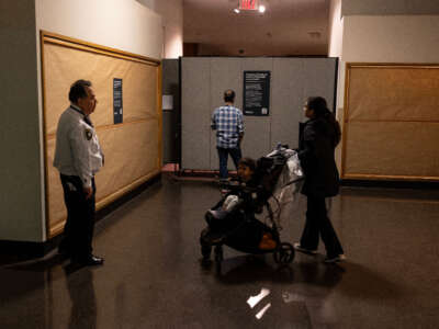 Museum guards redirect visitors on the first day of the closure of the American Museum of Natural History Eastern Woodlands and Great Plains indigenous exhibition halls