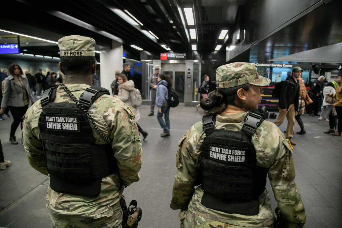 National Guard members are on duty at a security checkpoint at Penn Station in New York City, New York, on March 7, 2024.