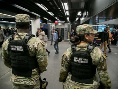 National Guard members are on duty at a security checkpoint at Penn Station in New York City, New York, on March 7, 2024.