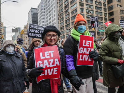Pro-Palestinian Jewish American demonstrators rally outside the Manhattan headquarters of Pro-Israel lobbying group American Israel Public Affairs Committee (AIPAC) and the offices of Senators Chuck Schumer and Kirsten Gillibrand, who accept donations from the group, on February 22, 2024, in New York City.