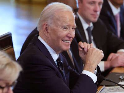 President Joe Biden speaks during a meeting in the East Room of the White House on March 12, 2024, in Washington, D.C.
