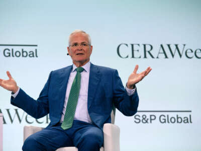 Exxon Mobil Chairman and CEO Darren Woods speaks during the CERAWeek oil summit in Houston, Texas, on March 18, 2024.