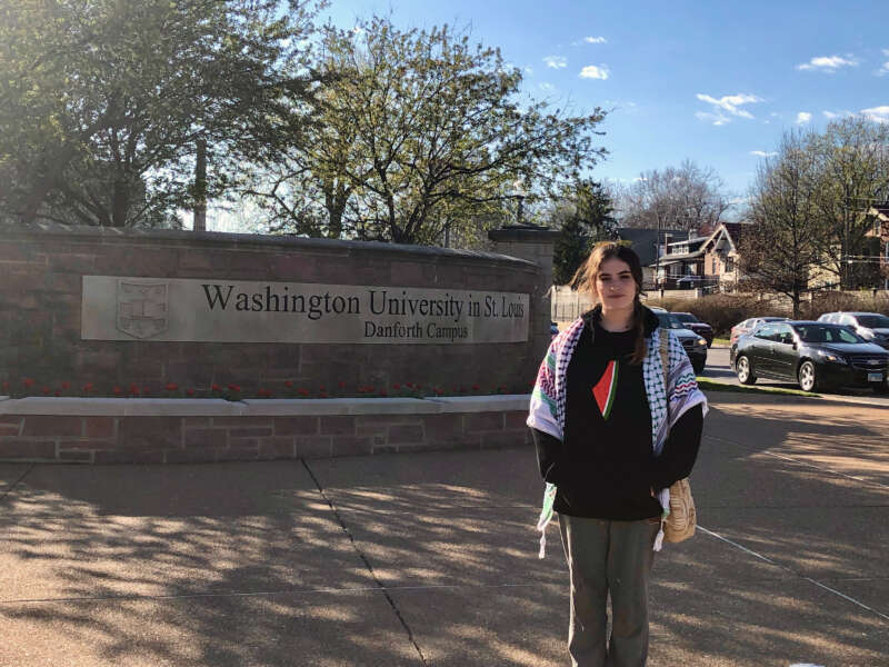 Senior art student Dvora Redlich stands off campus on March 20, 2024, the day after the Divest from Boeing resolution was taken up and passed 15-5 with one abstention.