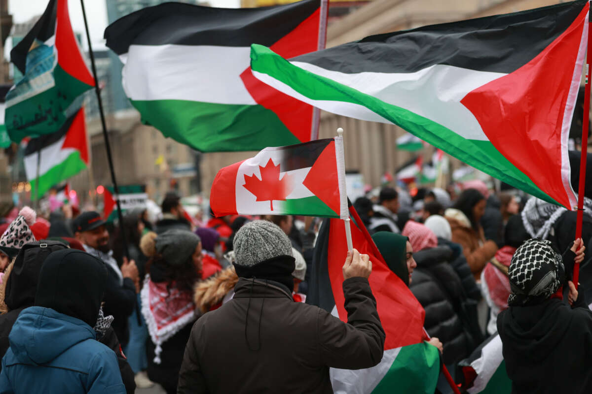 Demonstrators attend a pro-Palestinian rally outside Union Station in Toronto, Ontario, on March 16, 2024.