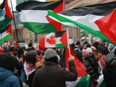 Demonstrators attend a pro-Palestinian rally outside Union Station in Toronto, Ontario, on March 16, 2024.