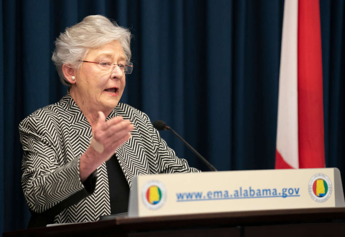 Alabama Gov. Kay Ivey participates in the Alabama Emergency Management Agency’s routine hurricane exercise on May 14, 2019, in Clanton, Alabama.