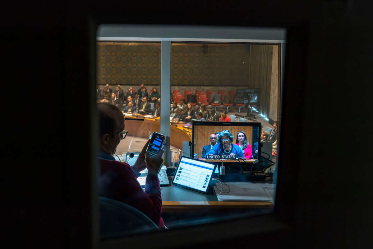 U.S. Ambassador to the United Nations Linda Thomas-Greenfield is seen on a screen as she speaks during a UN Security Council meeting at the United Nations headquarters on March 22, 2024, in New York City.