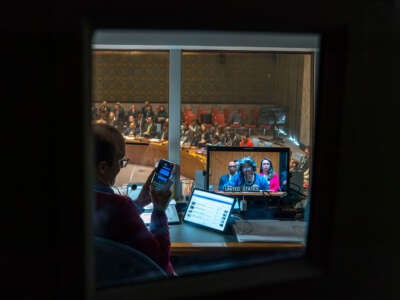 U.S. Ambassador to the United Nations Linda Thomas-Greenfield is seen on a screen as she speaks during a UN Security Council meeting at the United Nations headquarters on March 22, 2024, in New York City.