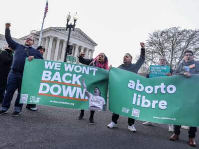 Demonstrators protest in front of the Supreme Court during the Bans Off Our Mifepristone action organized by the Woman's March outside of the Supreme Court on March 26, 2024, in Washington, D.C.