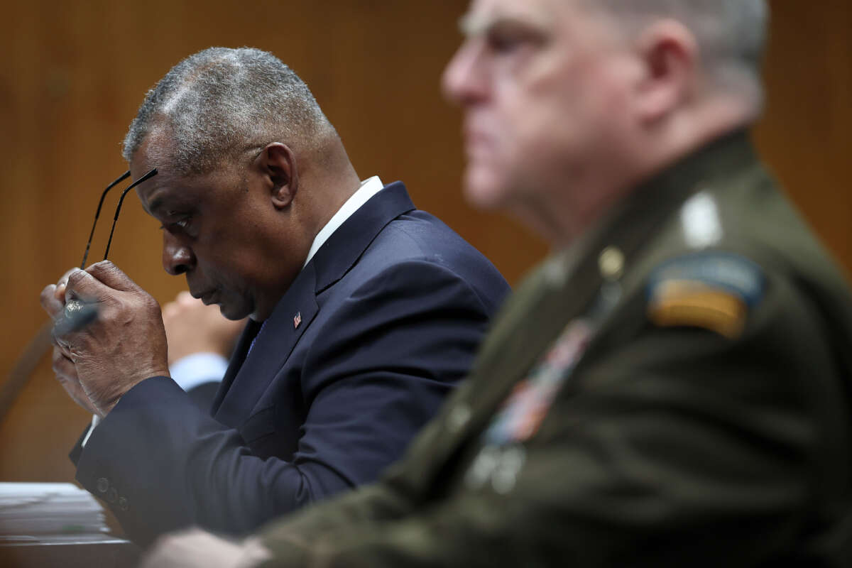 U.S. Secretary of Defense Lloyd Austin (left) testifies before the Senate Appropriations Subcommittee on Defense on May 11, 2023, in Washington, D.C.