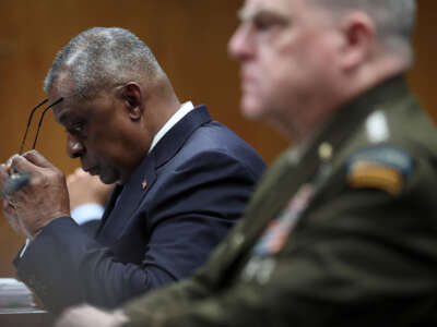 U.S. Secretary of Defense Lloyd Austin (left) testifies before the Senate Appropriations Subcommittee on Defense on May 11, 2023, in Washington, D.C.