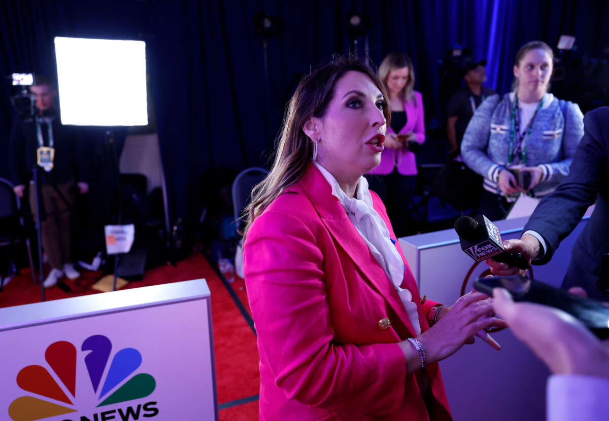 RNC Chairwoman Ronna McDaniel speaks to members of the media in the spin room following the NBC News Republican Presidential Primary Debate at the Adrienne Arsht Center for the Performing Arts of Miami-Dade County on November 8, 2023, in Miami, Florida.