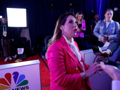 RNC Chairwoman Ronna McDaniel speaks to members of the media in the spin room following the NBC News Republican Presidential Primary Debate at the Adrienne Arsht Center for the Performing Arts of Miami-Dade County on November 8, 2023, in Miami, Florida.