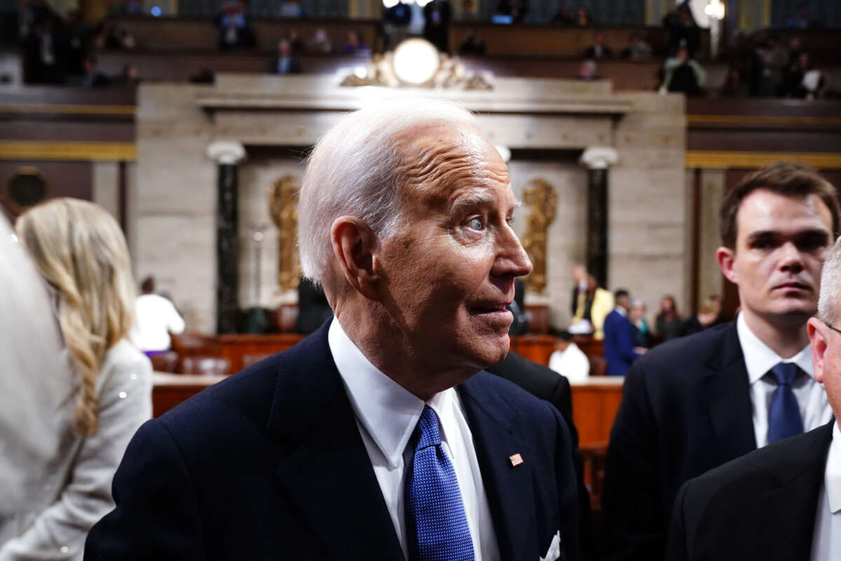 President Joe Biden departs after delivering the annual State of the Union address before a joint session of Congress in the House chamber at the Capital building on March 7, 2024, in Washington, D.C.