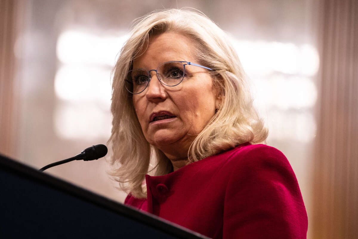 Liz Cheney, former Republican representative from Wyoming, speaks after being presented with the Paul H. Douglas Award for Ethics in Government on June 13, 2023, in Washington, D.C.