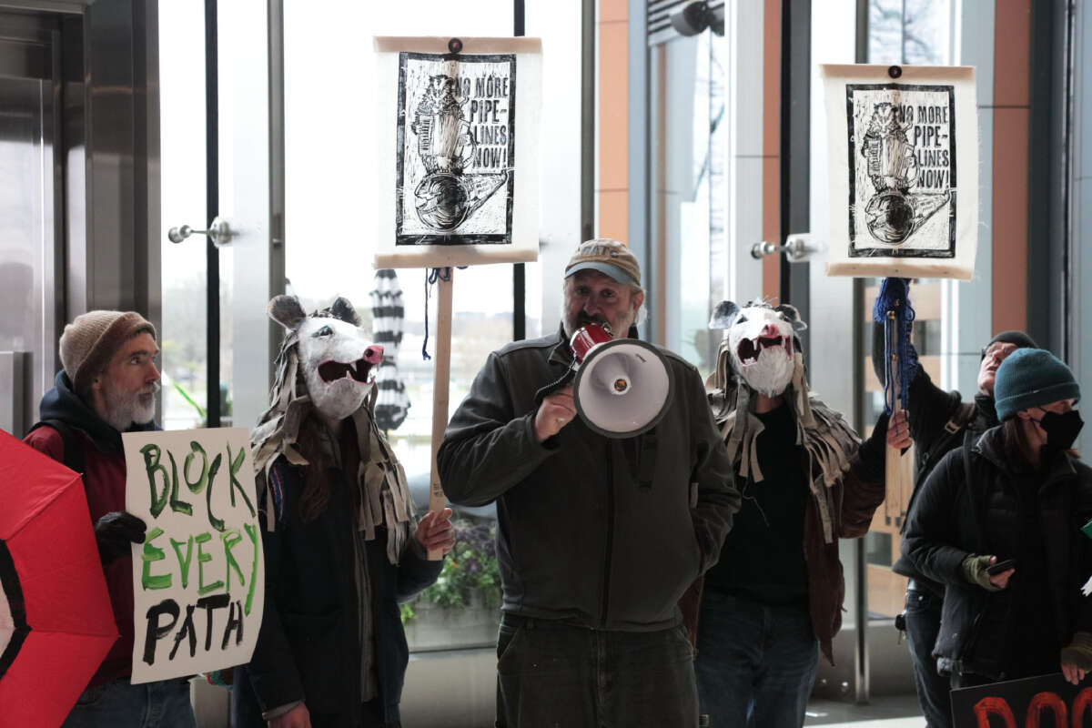 A landowner impacted by the Mountain Valley Pipeline speaks at a Block Every Path solidarity protest held in Washington, D.C., on January 30, 2024.