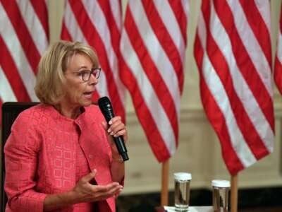 Betsy DeVos, then U.S. secretary of education, speaks during the "Getting America's Children Safely Back to School" event in the State Room of the White House in Washington, D.C., on August 12, 2020