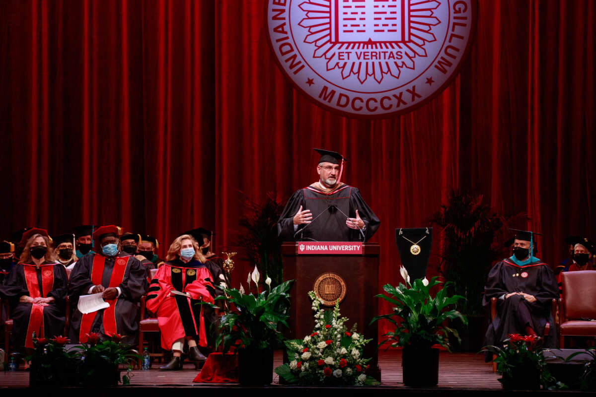 Indiana governor Eric Holcomb speaks during a ceremony at Indiana University in Bloomington.