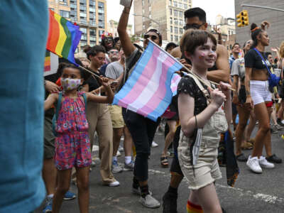 A child carrying a trans pride flag at a march in New York City