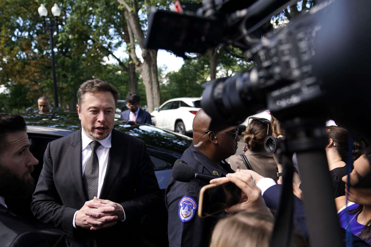 Elon Musk, CEO of Tesla and X, speaks to reporters as he leaves the “AI Insight Forum” at the Russell Senate Office Building on Capitol Hill, on September 13, 2023, in Washington, D.C.