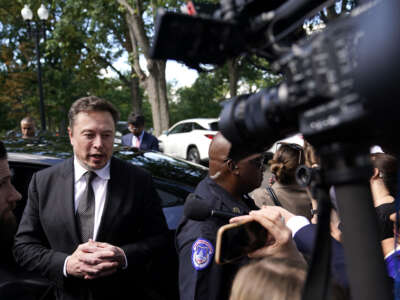 Elon Musk, CEO of Tesla and X, speaks to reporters as he leaves the “AI Insight Forum” at the Russell Senate Office Building on Capitol Hill, on September 13, 2023, in Washington, D.C.