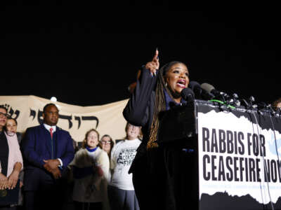 U.S. Rep. Cori Bush speaks at a news conference calling for a ceasefire in Gaza outside the U.S. Capitol building on November 13, 2023, in Washington, D.C.