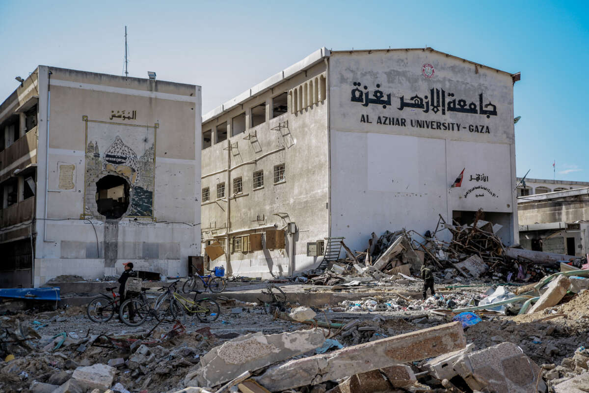 A picture taken on February 15, 2024 shows the heavily damaged building of Al-Azhar University in Gaza City, amid the continuing Israeli war on Gaza.