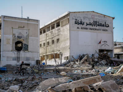 A picture taken on February 15, 2024 shows the heavily damaged building of Al-Azhar University in Gaza City, amid the continuing Israeli war on Gaza.