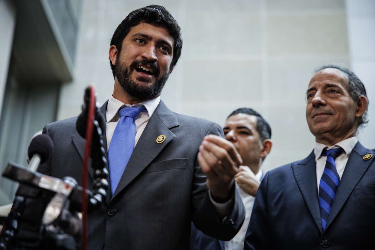 Rep. Greg Casar speaks during a press conference with other Democratic members of the House Committee on Oversight and Accountability, and House Judiciary Committee in the O'Neill House Office Building on February 28, 2024, in Washington, D.C.