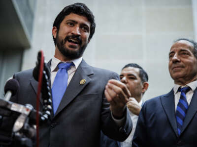 Rep. Greg Casar speaks during a press conference with other Democratic members of the House Committee on Oversight and Accountability, and House Judiciary Committee in the O'Neill House Office Building on February 28, 2024, in Washington, D.C.
