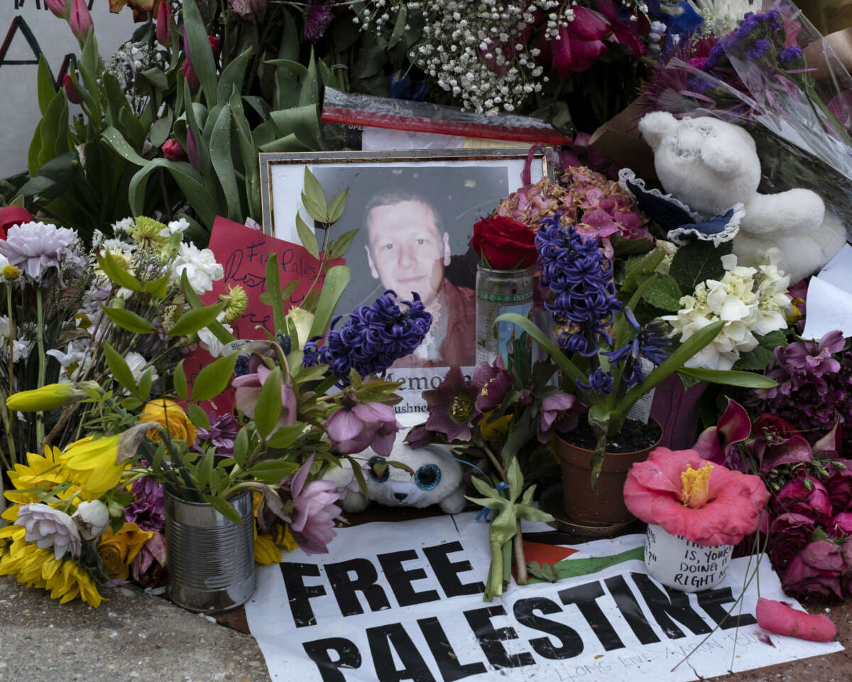 People leave notes and flowers during the Global Days of Action for Palestine to commemorate the U.S. Air Force active-duty airman Aaron Bushnell outside the Israeli Embassy in Washington, D.C., on March 2, 2024.