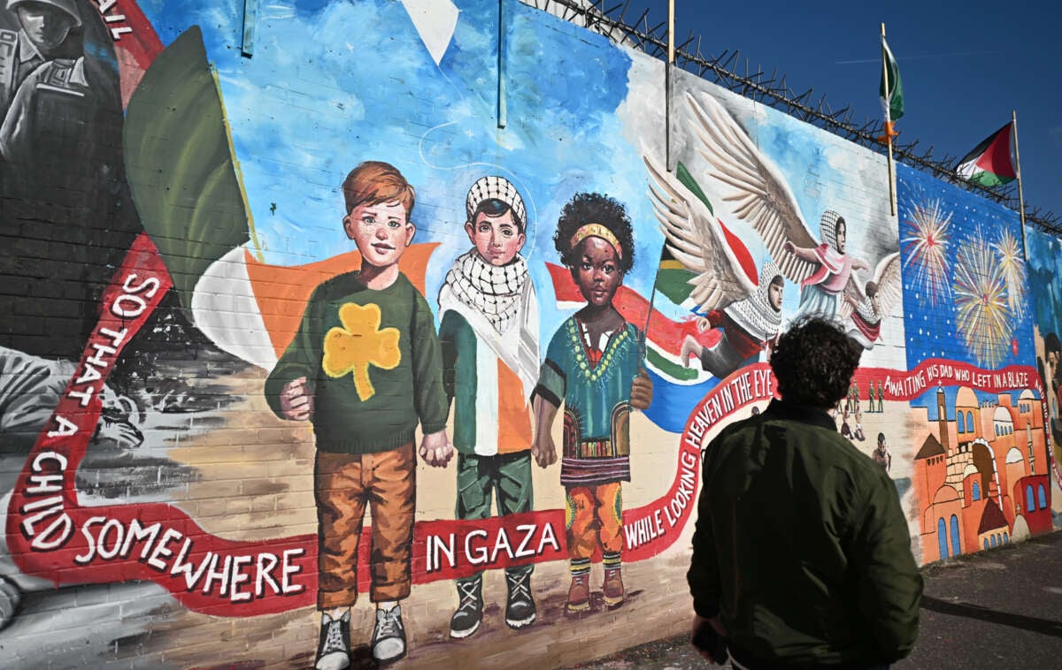 Palestinian solidarity murals can be seen on the International Wall on the Falls Road on March 18, 2024, in Belfast, Northern Ireland.