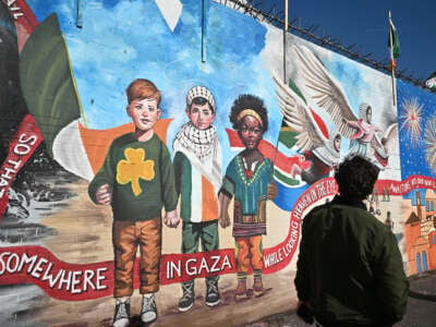 Palestinian solidarity murals can be seen on the International Wall on the Falls Road on March 18, 2024, in Belfast, Northern Ireland.