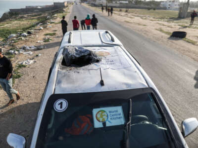 A view of a damaged vehicle after an Israeli attack that killed seven staff members of the humanitarian organization World Central Kitchen, in Deir al-Balah, Gaza, on April 2, 2024.
