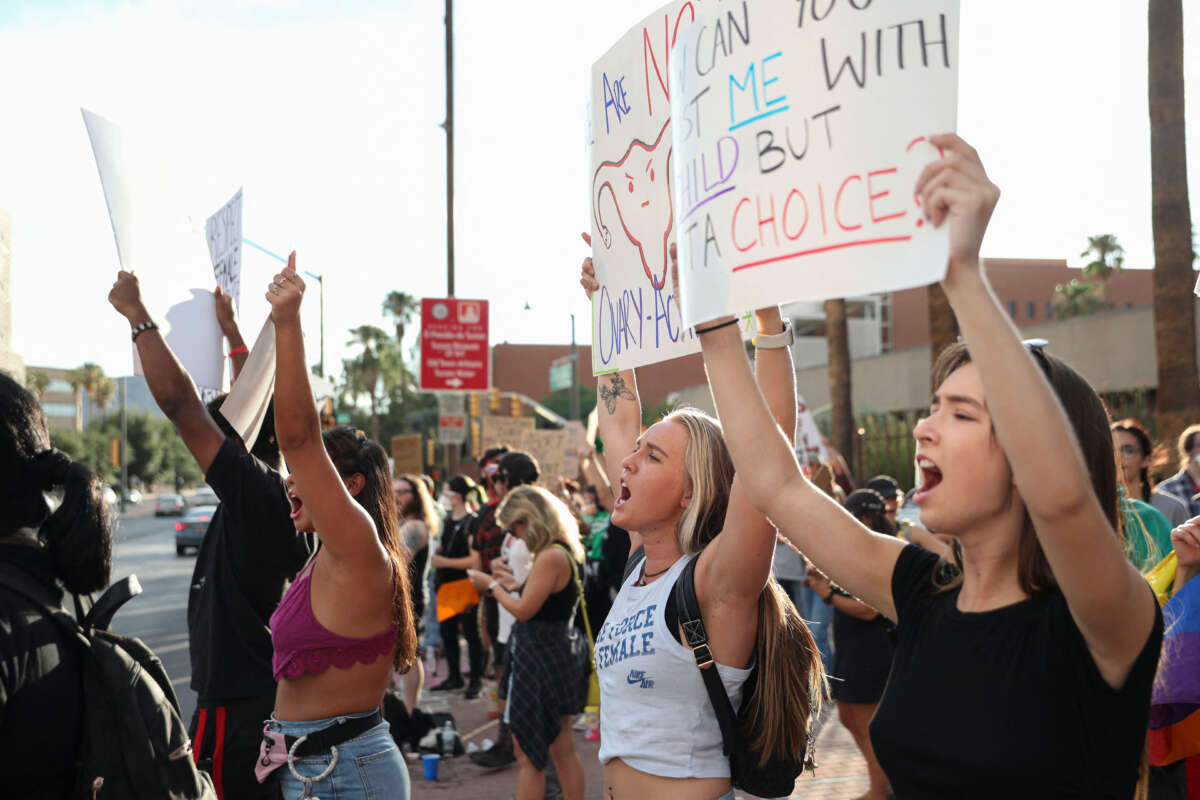 Abortion rights protesters chant during a Pro Choice rally at the Tucson Federal Courthouse in Tucson, Arizona on July 4, 2022.