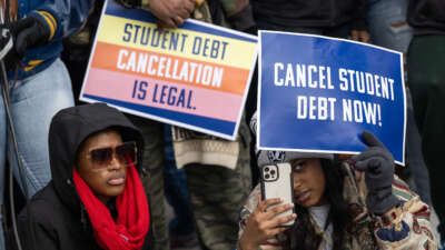 Activists and students protest in front of the Supreme Court during a rally for student debt cancellation in Washington, D.C., on February 28, 2023.