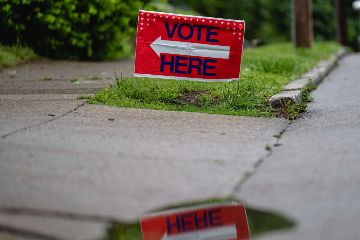 A VOTE HERE sign is displayed during Kentucky Primary Elections at Deer Park Baptist Church on May 16, 2023, in Louisville, Kentucky.