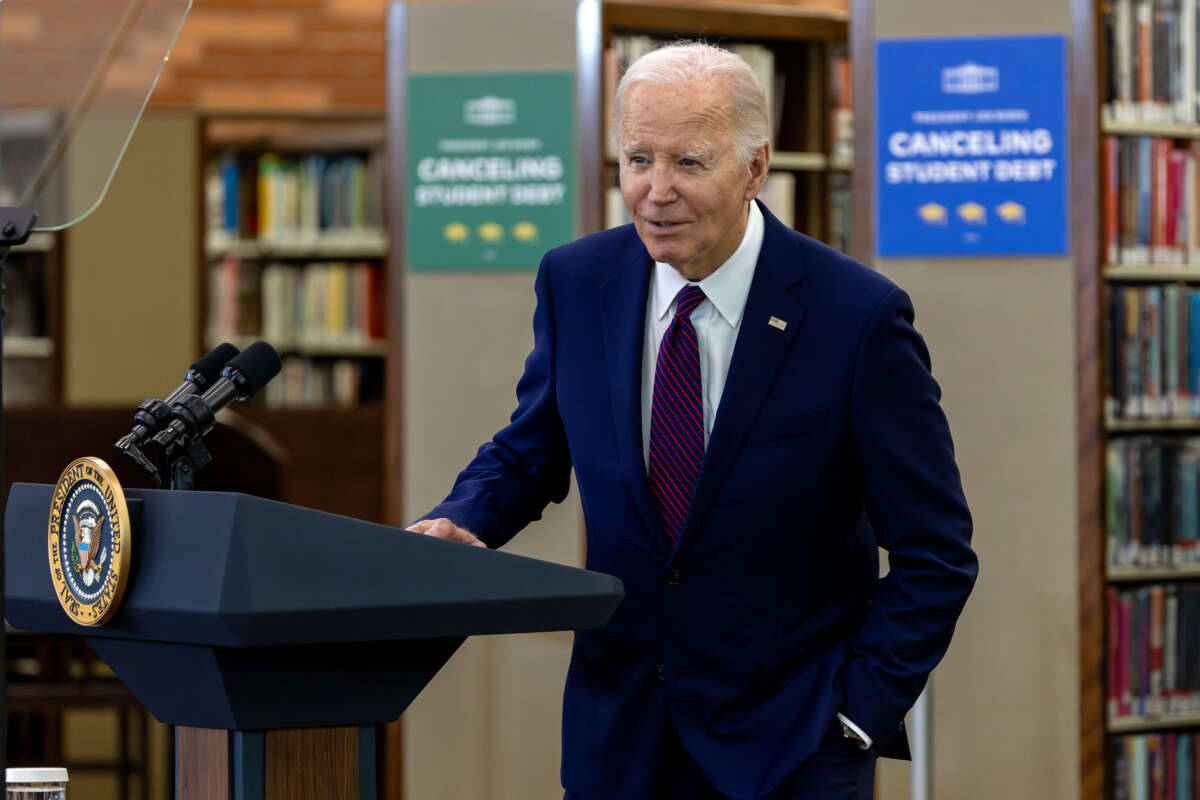 President Joe Biden announces the cancellation of an additional $1.2 billion in student loan debt for about 153,000 borrowers, at an event on February 21, 2024, at Culver City Julian Dixon Library in Culver City, California.